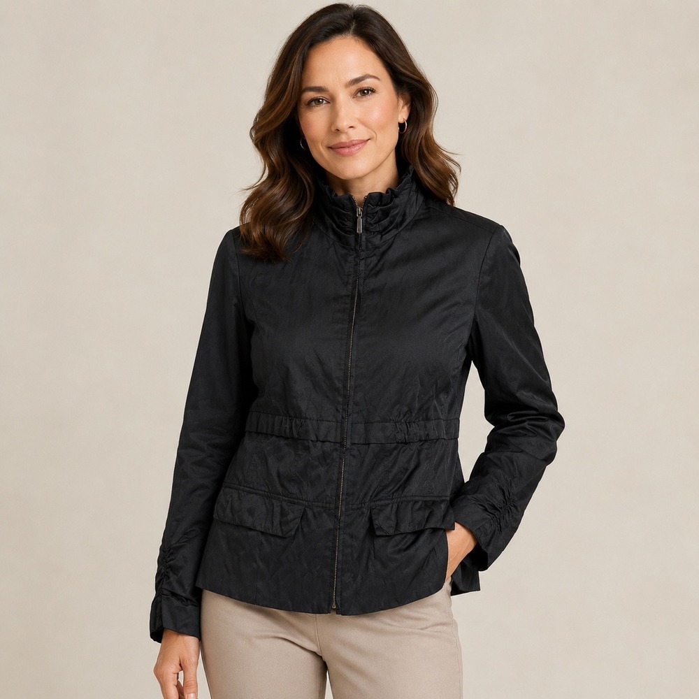 Chico's Women's Black Satin Utility Jacket Size 1 Medium Black Minimalist Casual